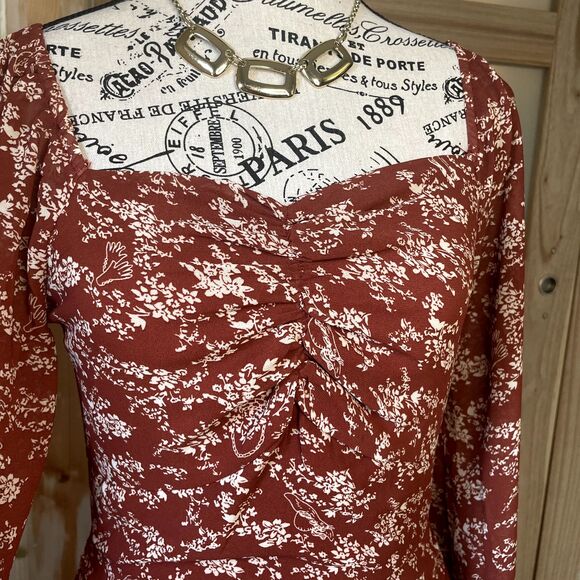 Ambition Women Autumn Floral Long Sleeve Rouched Midi Dress Semi Sheer Size S - Picture 5 of 12